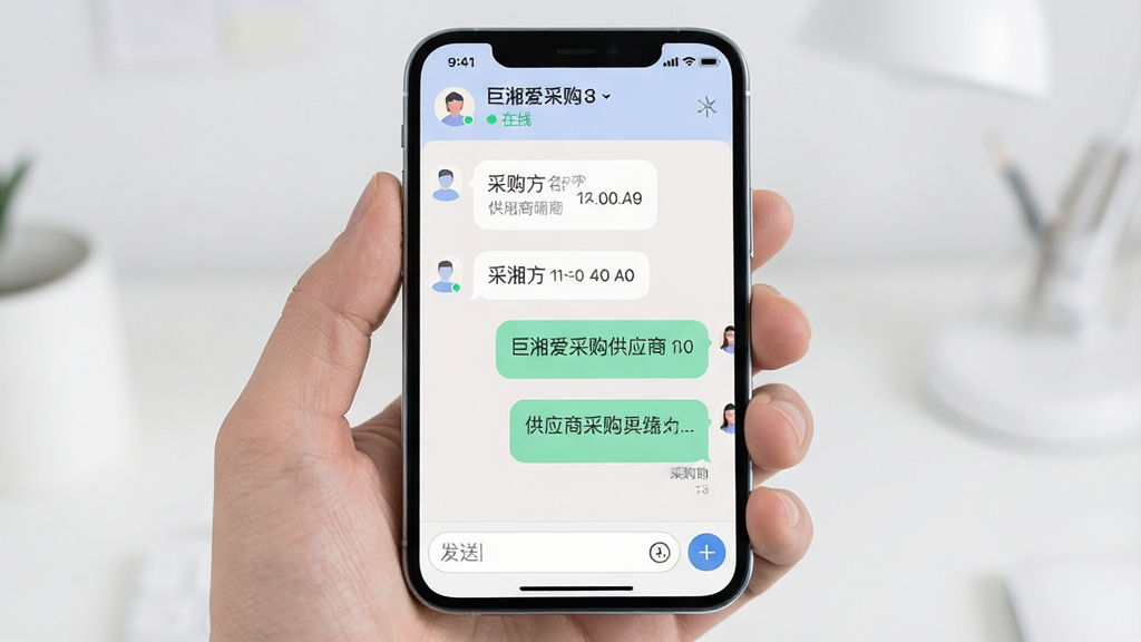 巨湘爱采购供应商沟通界面,画面以手机屏幕为中心,屏幕内展示聊天对话框,左侧为采购方消息气泡,右侧为供应商回复气泡,顶部显示供应商名称与在线状态,底部为输入框和发送按钮,界面配色柔和,风格现代,细节表现消息气泡圆角与时间戳,画质清晰,干净,无多余元素