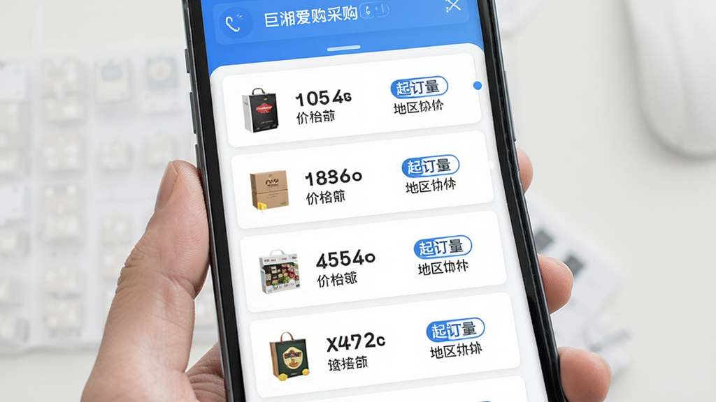巨湘爱采购智能比价功能界面,画面以手机屏幕为主体,屏幕内展示多行供应商报价列表,每行包含商品缩略图、价格数字、起订量标签和地区信息,列表按价格从低到高排列,界面采用卡片式设计,配色以蓝白为主,风格清爽简约,细节表现数字清晰可读,画质清晰,干净,无多余元素