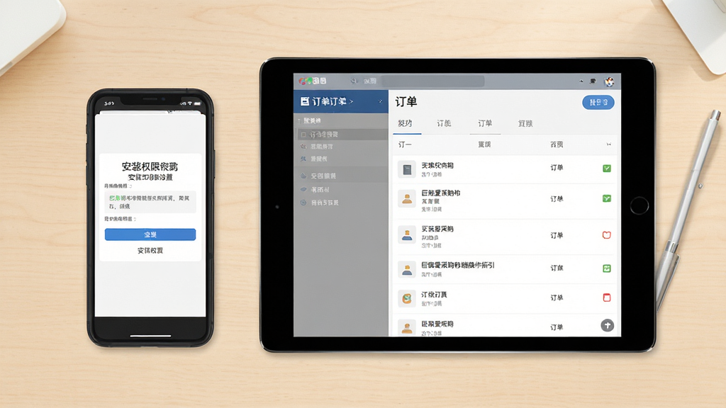 巨湘爱采购移动端操作指引示意图,画面展示一部手机和一部平板并列放置,手机屏幕显示安装权限设置页面,平板屏幕显示订单列表界面,背景为浅色桌面,风格扁平化,细节表现设备边框与屏幕内容清晰,画质清晰,干净,无多余元素