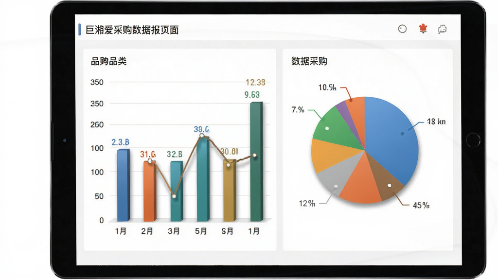 巨湘爱采购数据报表页面,画面展示平板电脑或手机屏幕,屏幕内呈现柱状图与饼图组合的数据看板,图表颜色区分不同品类,旁边配有数值标签,背景为白色,风格专业简约,细节表现图表阴影与数据线条,画质清晰,干净,无多余元素