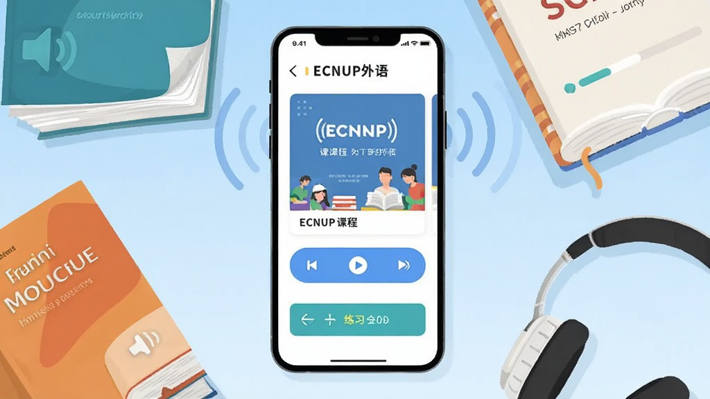�����������һ�������ֻ�����Ļ��ʾ��ECNUP���Ӧ�������棬��������γ̷��桢�������Ű�ť����ϰ��ڣ��ֻ���Χ���Ƽ�������̲���һ������������Ϊǳ��ɫ���䣬������ü���ƽ�廭���ϸ�ڰ����α�ҳ�ǡ���Ƶ����ͼ����ѧϰ������������ɾ��������޶���Ԫ�أ����廭��