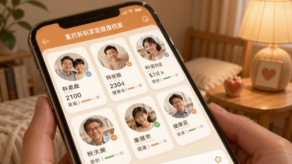 重药新航家庭健康档案界面,手机屏幕显示多个家庭成员头像卡片,每张卡片标注姓名和健康数据摘要,点击可进入详细档案页面,界面采用暖色调,布局清晰友好,突出家庭关怀的氛围,画质细腻