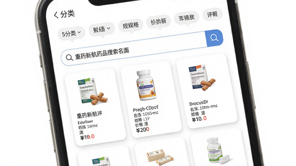 重药新航药品搜索页面,手机屏幕显示搜索框内输入药品名称,下方列出多个药品卡片,每张卡片包含药品图片、名称、规格和价格,页面顶部有分类筛选标签,背景为纯白色,卡片带有轻微阴影,整体呈现清爽的购物界面风格,画质清晰干净