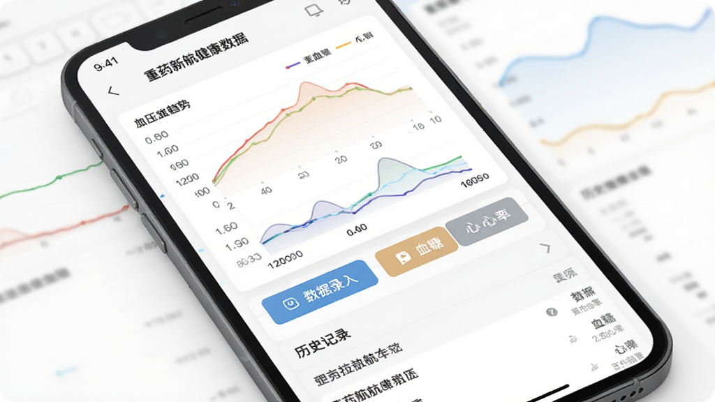 重药新航健康数据页面,手机屏幕展示多条折线图,分别用不同颜色表示血压、血糖、心率的变化趋势,图表下方有数据录入按钮和历史记录列表,界面以白色背景为主,图表线条清晰,配色柔和,整体风格专业且易读