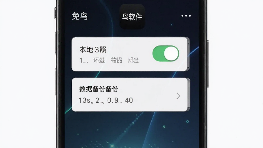 一张免鸟软件数据存储设置界面的手机截图,画面为手机屏幕,屏幕内显示本地存储开关与数据备份选项,背景为深色渐变,风格科技感,画质清晰,图片中带有“免鸟”文字