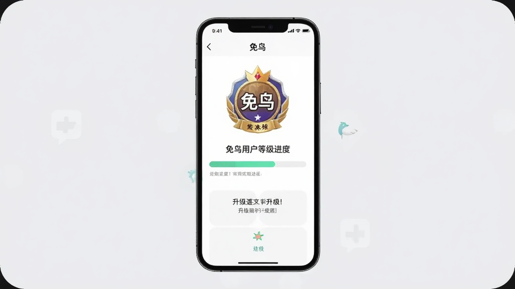 一张展示免鸟用户等级进度界面的手机截图,画面中央为手机屏幕,屏幕内显示等级徽章、进度条和升级提示文字,背景为浅灰色,风格干净利落,画质清晰,图片中带有“免鸟”文字