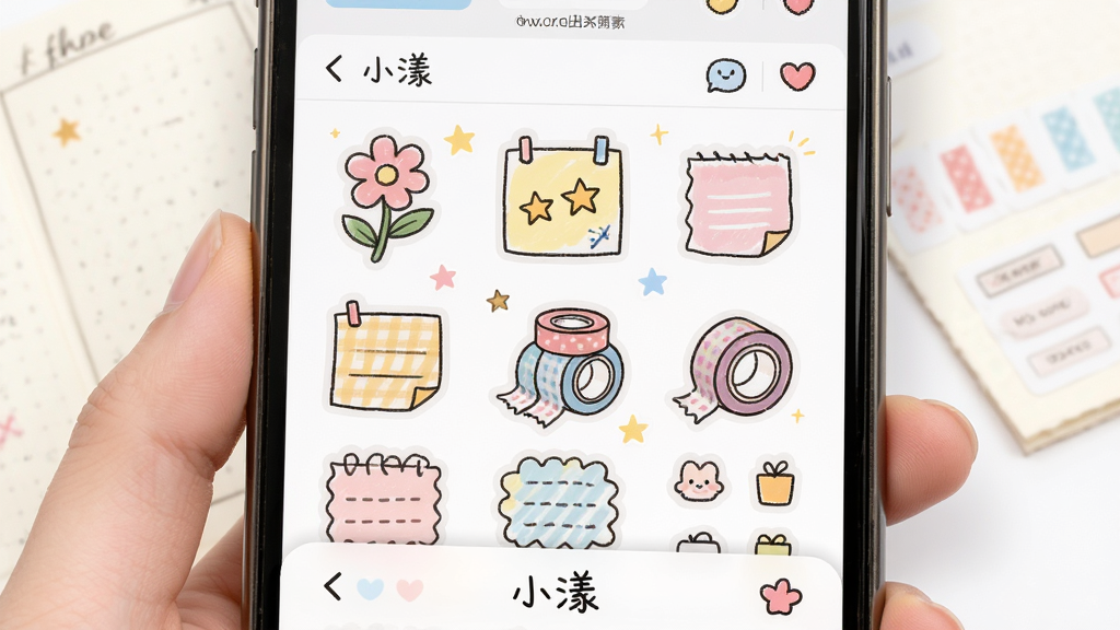 主体是小漾应用内的素材面板,展示多种手帐贴纸和胶带;布局为手机屏幕特写,面板从底部弹出;排版整齐,网格状排列;风格为可爱手绘风;细节有花朵、星星、便签、胶带卷、小图标;画质清晰,干净,无多余元素