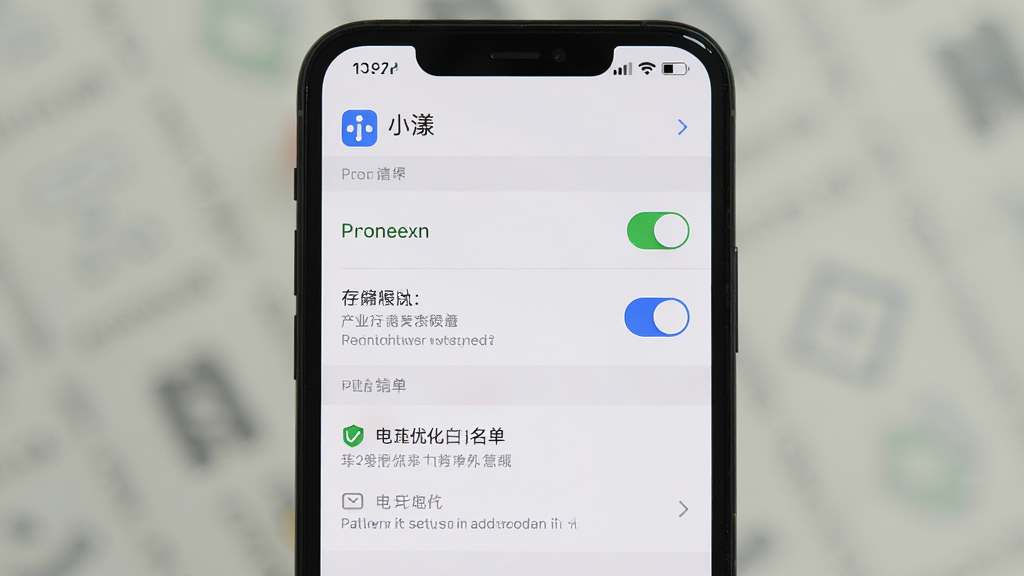 主体是手机屏幕显示小漾应用权限设置页面,旁边有存储权限开关和电池优化白名单选项;布局为手机居中,界面清晰;排版分条列出;风格为系统设置界面写实风;细节有权限开关、白名单按钮、提示文字;画质高清,干净,无多余元素