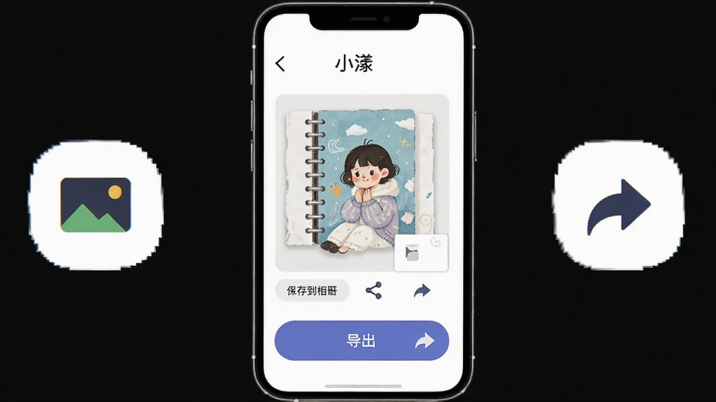 主体是小漾应用导出页面,手机屏幕显示作品预览和导出按钮;布局为手机居中,旁边有相册图标和分享图标;排版简洁,按钮醒目;风格为扁平化设计;细节有活页作品缩略图、保存到相册、分享箭头;画质高清,干净,无多余元素