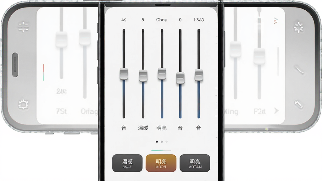 һ��չʾ Bang & Olufsen Ӧ����Ч�����������ͼƬ������Ϊ�ֻ���Ļ�ϵ�Ƶ�λ����Ԥ��ģʽ��ť�����־��У��Ű�Գƣ����Ϊ�ִ���Լ��ϸ�ڰ��������������������͡���ů���������������ֱ�ǩ�����ʸ��壬�ɾ����޶���Ԫ��