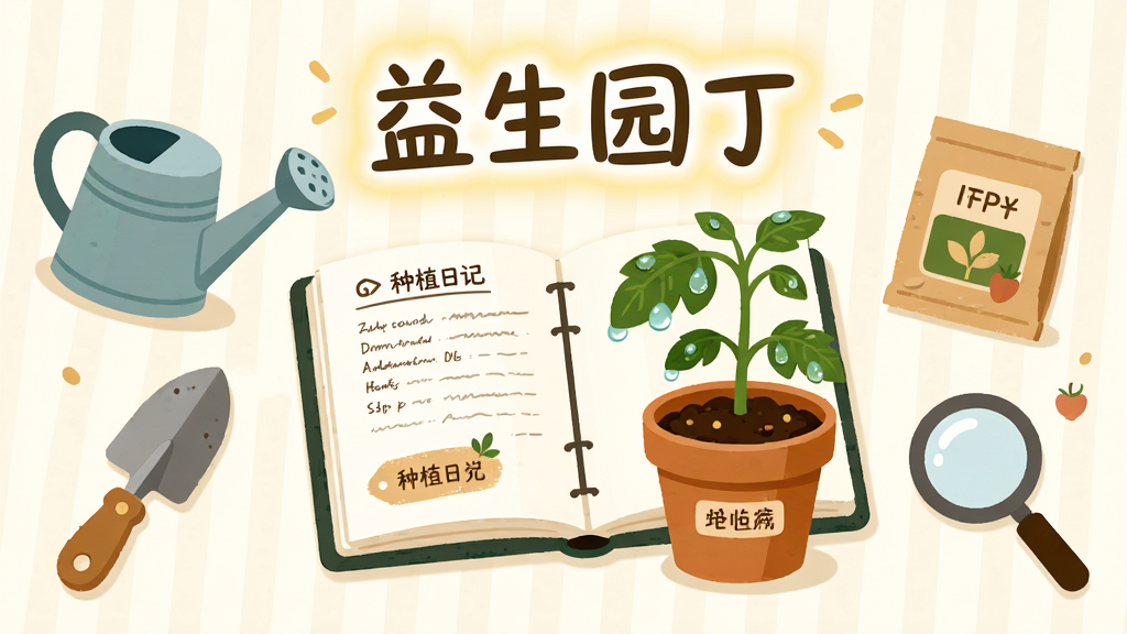 画面中央是一本翻开的电子种植日记与一盆生机勃勃的小番茄幼苗,周围散落着水壶、小铲子、种子袋和放大镜,布局采用居中对称式,上方用柔和光晕突出