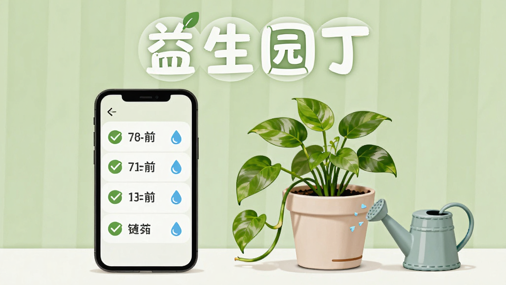 画面主体是一部手机屏幕显示种植任务清单,旁边是一盆绿萝和一只小喷壶,布局为左中右三分式,上方用圆润字体写出