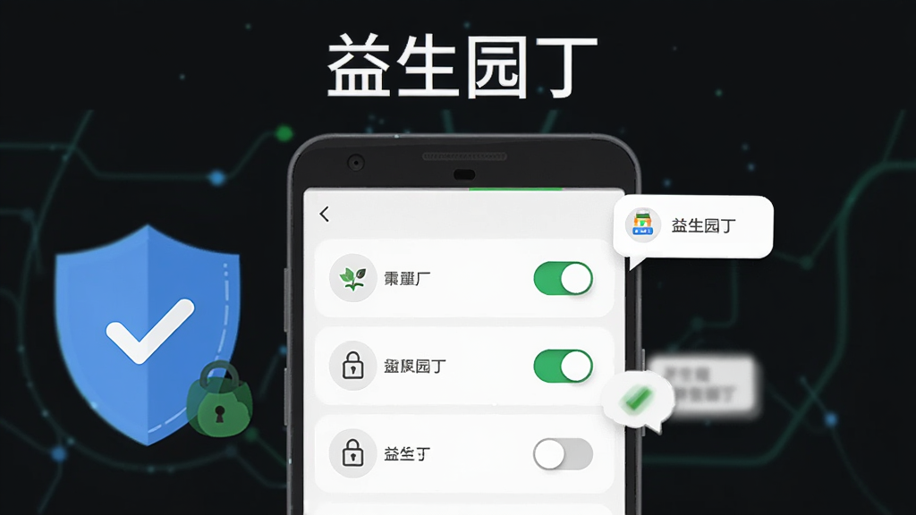 画面主体是一部安卓手机显示益生园丁的权限设置页面,旁边有盾牌图标和勾选标记,布局为居中构图,上方用简洁字体写出
