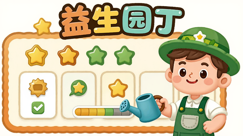 画面主体是一个卡通园丁手持小水壶站在任务面板前,面板上有星星徽章和进度条,布局为居中构图,上方用活泼字体写出