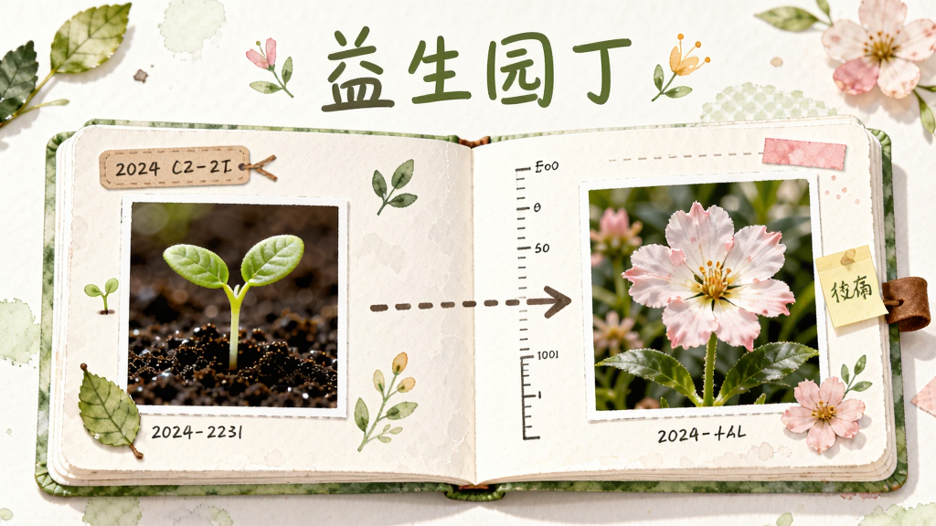 画面中央是一本展开的植物成长相册,左侧是幼苗照片,右侧是开花照片,中间用箭头连接,周围点缀叶片和花朵,布局为横向展开式,上方用柔和字体写出