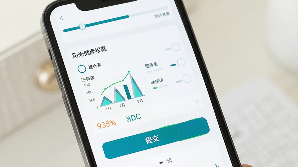 一张展示自然阳光健康测评功能的图片,主体为手机屏幕,屏幕上显示测评问卷和结果报告页面,布局为顶部进度条、中部选择题、底部提交按钮,排版简洁,风格为专业医疗风,细节包括图表展示和健康评分,画质清晰干净,无多余元素。