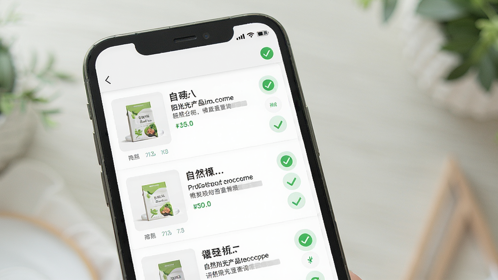 一张展示自然阳光产品查询功能的图片,主体为手机屏幕,屏幕上显示产品列表和详情页面,布局为左侧产品缩略图、右侧产品名称和简介,排版整齐,风格为清新健康风,细节包括产品包装展示和绿色勾选图标,画质清晰干净,无多余元素。