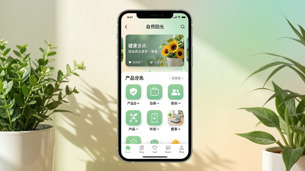 一张展示自然阳光应用界面的图片,主体为手机屏幕,屏幕上显示自然阳光APP的主页,布局包含顶部健康资讯轮播图、中部产品分类图标、底部导航栏,排版清晰整齐,风格为现代简约健康风,细节包括绿色植物元素点缀和柔和渐变背景,画质清晰干净,无多余元素。