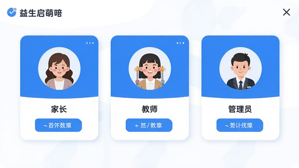 益生启萌应用的多角色登录界面,画面展示三个不同的用户角色卡片,分别标注家长、教师和管理员,卡片设计简洁,配色以蓝白为主,风格商务清新,画质清晰,无多余元素