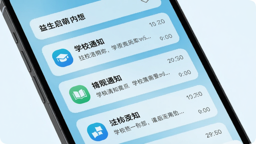 一部手机屏幕显示益生启萌应用的通知中心页面,多条学校通知整齐排列,每条通知带有图标和时间标签,背景为浅蓝色渐变,画面简洁明快,风格现代,画质清晰,无杂乱元素