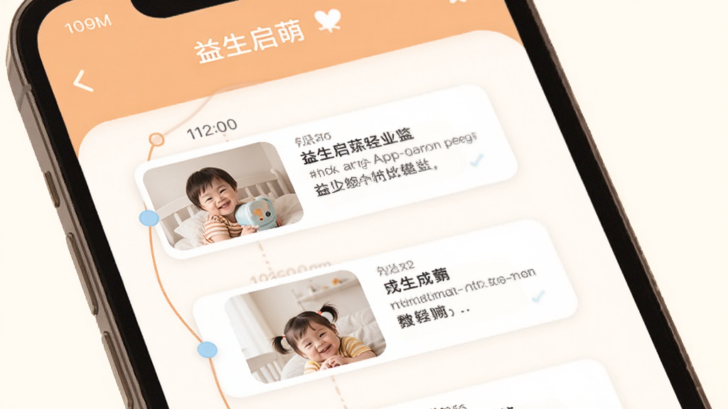 益生启萌App的成长档案页面展示,画面中手机屏幕显示时间轴形式的成长记录,包含照片缩略图和文字描述,整体色调温暖柔和,排版整齐,风格温馨,画质干净,无多余装饰