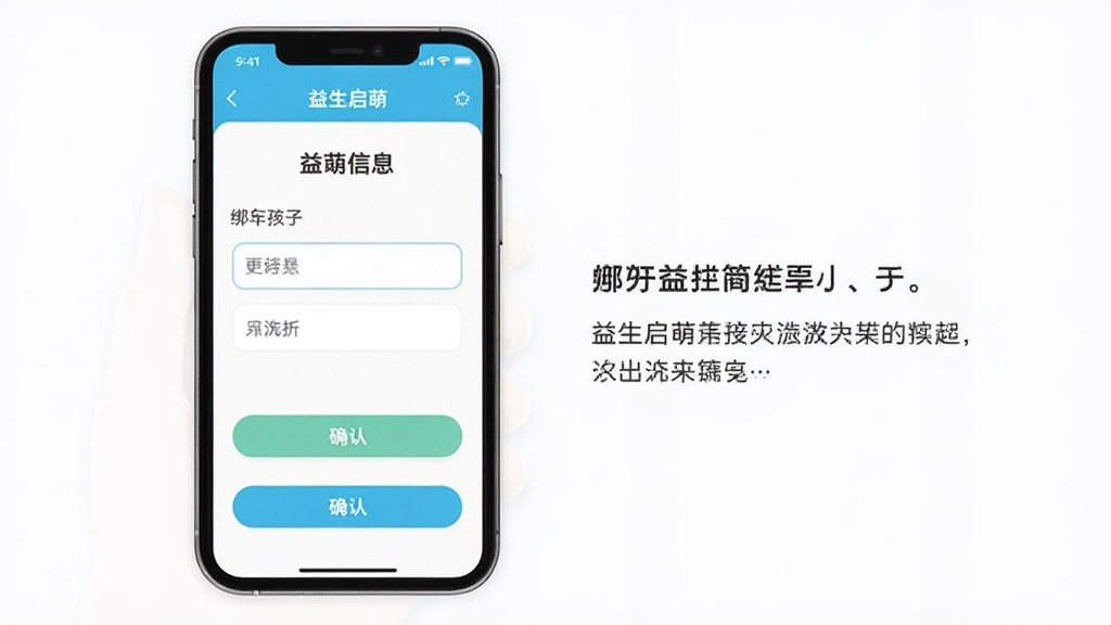 一部手机展示益生启萌App的绑定孩子信息页面,界面中有输入框和确认按钮,旁边有提示文字说明,整体布局简洁,风格清新,画质干净,无多余元素
