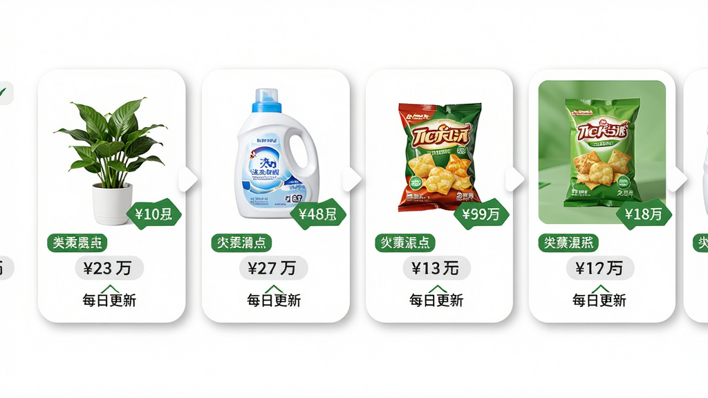 画面主体为一排整齐排列的商品卡片,每张卡片上展示绿植、洗衣液、零食等商品缩略图与价格标签;布局采用横向滑动展示,背景为纯白色,卡片下方有“每日更新”字样;风格为简洁电商风,色彩以绿色和白色为主;细节包括卡片圆角、阴影效果和分类标签;画质清晰,干净利落,无多余元素。
