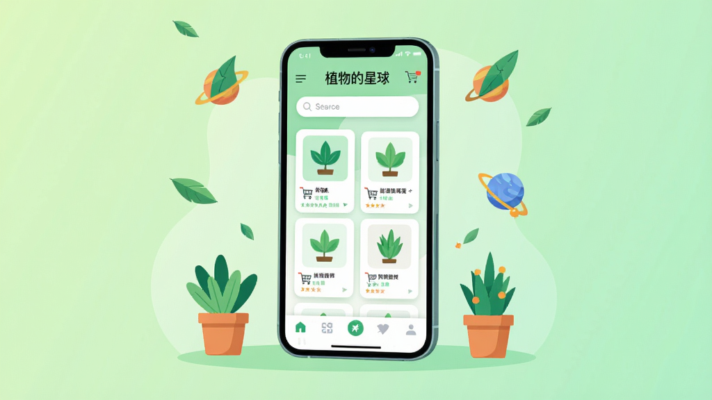 画面中央是一部智能手机,屏幕显示“植物的星球”应用界面,界面中分布绿色植物图标与购物车元素;背景为柔和的浅绿色渐变,点缀几片飘落的叶子;整体布局采用居中构图,手机微微倾斜,周围环绕小型盆栽与星球图案;风格为扁平化插画,色彩清新明亮;细节包括屏幕上的商品卡片、搜索栏和底部导航栏;画质高清,干净整洁,无多余元素。