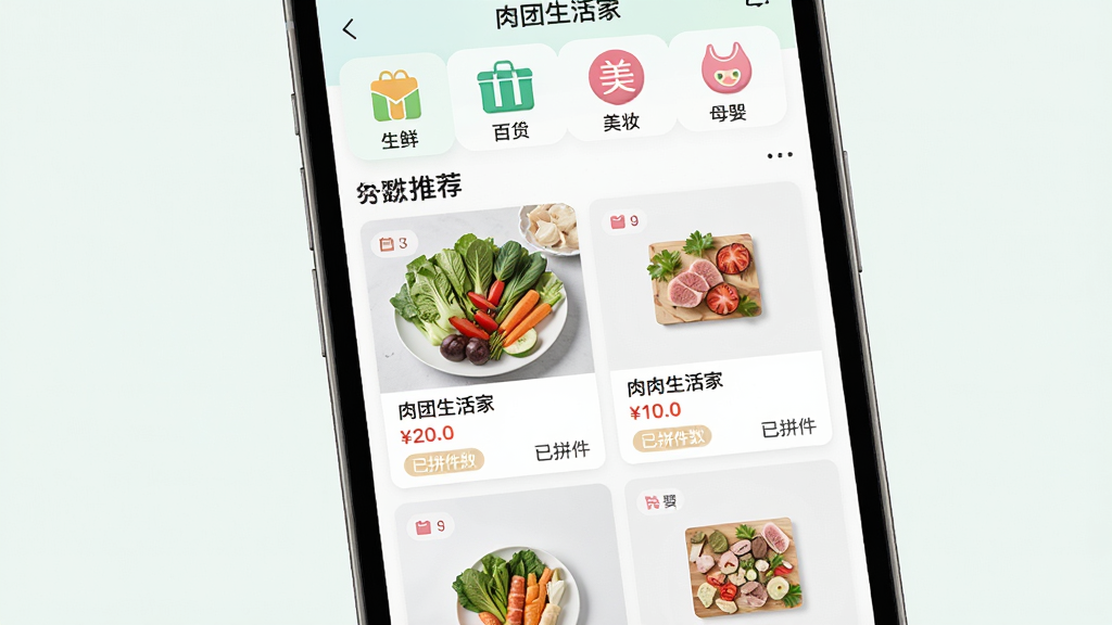 肉团生活家-Pro应用内商品分类页面展示图,主体为手机屏幕中呈现生鲜、百货、美妆、母婴等多个商品分类图标与推荐商品瀑布流,布局采用顶部横向分类导航与下方双列商品卡片,排版清晰有序,风格为清新浅色系扁平化设计,细节包含商品图片、名称、价格与已拼件数标签,画质高清干净无多余元素