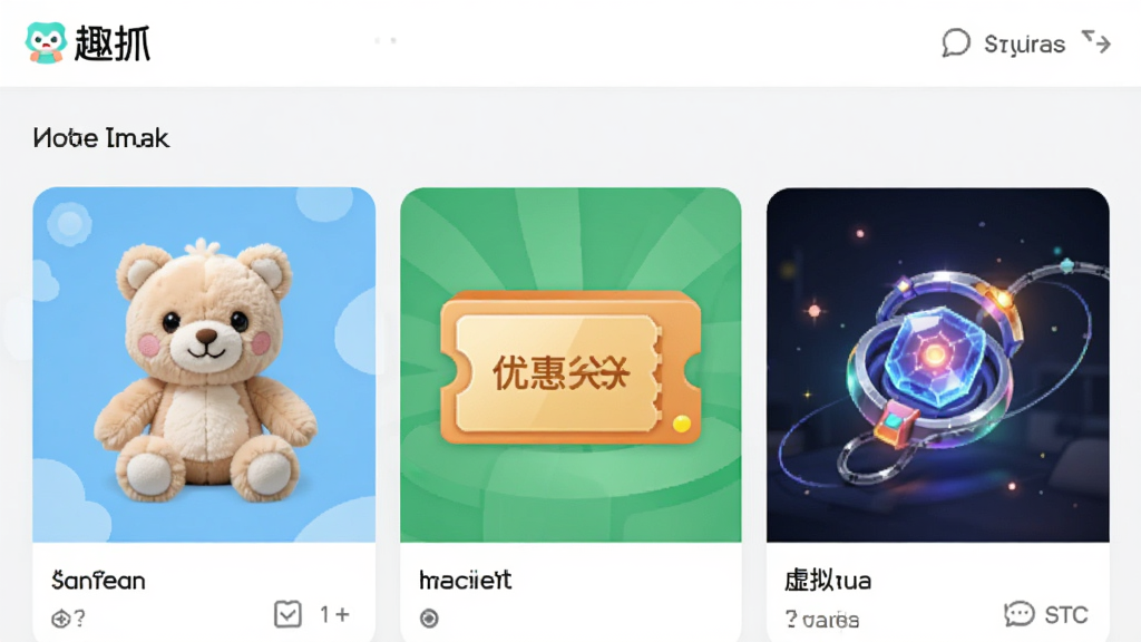 趣抓软件奖品兑换商城界面图,画面展示“趣抓”应用内兑换商城的商品列表,包含毛绒玩具、优惠券、虚拟道具等商品,界面整洁明亮,商品图片清晰,风格简约现代,画质高清,干净无多余元素
