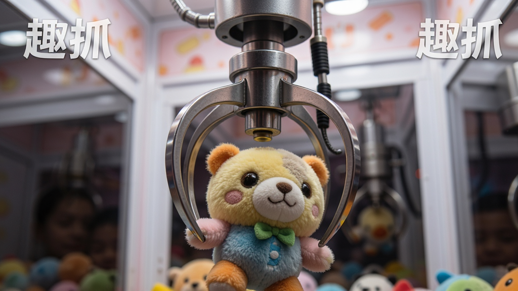 趣抓软件中爪钩抓取物体的特写画面,画面中央是一个金属爪钩正在抓取一个毛绒玩具,背景是抓娃娃机内部,带有“趣抓”水印标识,光影效果真实,细节清晰,风格写实,画质高清,干净无多余元素