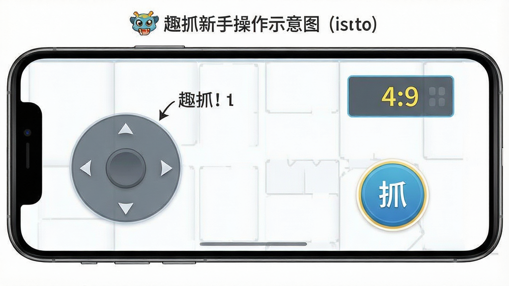 趣抓新手操作示意图,画面展示“趣抓”手机应用的操作界面,标注了摇杆控制区域、抓取按钮和积分显示位置,背景简洁,风格清晰明了,细节丰富,画质高清,无多余元素