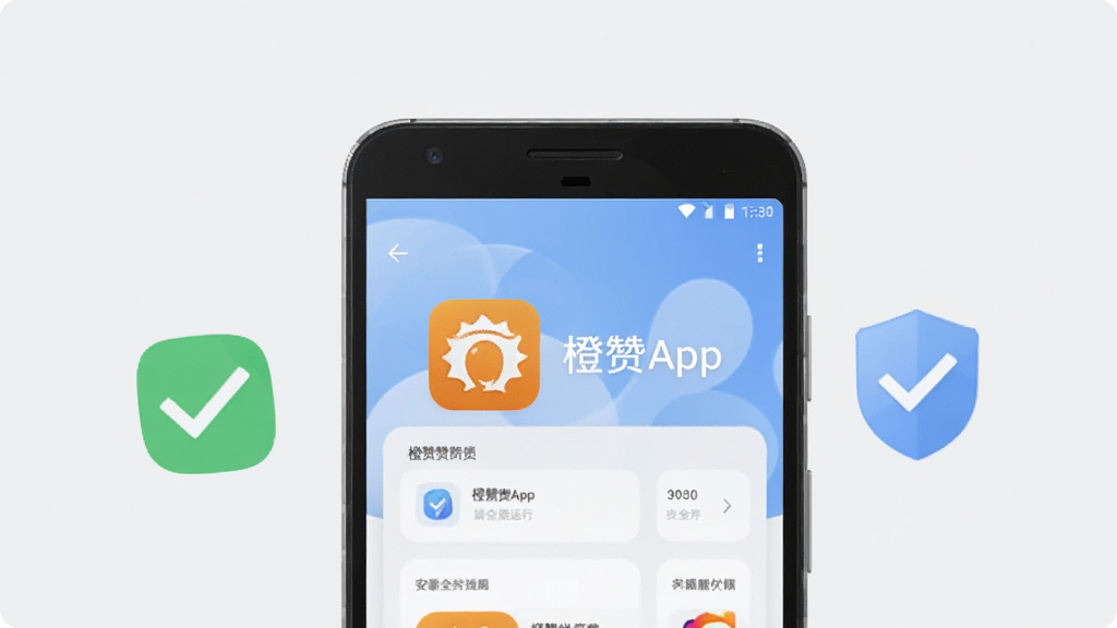 一张展示橙赞App在手机桌面上正常运行的示意图,画面中一部安卓手机屏幕显示橙赞图标和应用界面,旁边有勾选标记和盾牌图标表示安全运行,背景为淡灰色,风格简洁干净,排版居中,画质高清,无多余元素