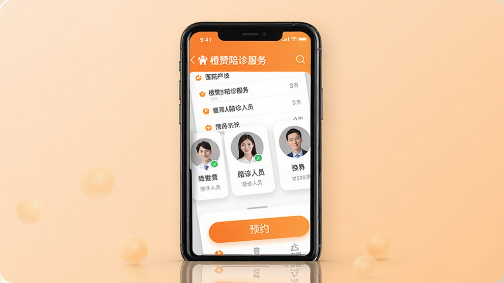 一张展示橙赞App核心界面的手机样机图,画面中央是一部竖屏智能手机,屏幕上显示橙赞陪诊服务首页,包含医院列表、陪诊人员头像卡片和预约按钮,背景为干净的浅橙色渐变,整体风格简洁明亮,排版清晰,细节精致,画质高清,干净无多余元素
