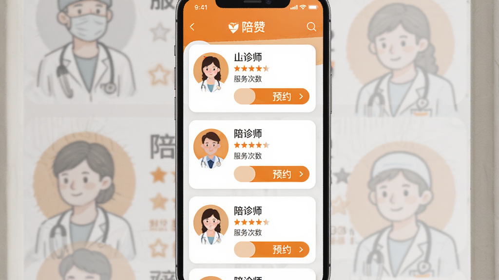 一张橙赞App陪诊人员列表页面的手机截图风格插画,画面中展示多位陪诊师的头像卡片纵向排列,每张卡片包含姓名、评分星级、服务次数和预约按钮,配色以橙色和白色为主,布局整洁,风格清爽,画质高清,干净无多余元素