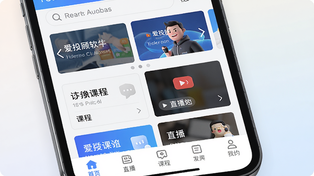 手机屏幕中央显示爱投顾软件主界面,顶部有搜索栏和轮播图,中部排列着课程卡片和直播入口,底部导航栏清晰可见,背景为简洁的浅色渐变,整体风格清爽专业,画面干净无多余元素,高清画质