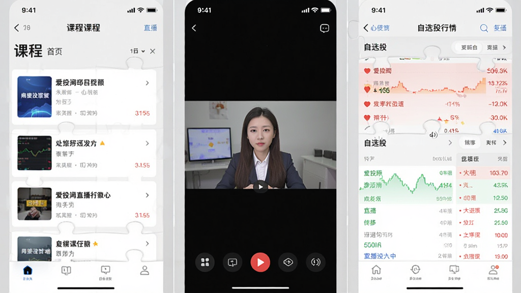 爱投顾手机端操作界面拼图,左侧显示首页课程列表,中间显示直播互动画面,右侧显示自选股行情页面,三个界面并排展示,背景为浅灰色,整体排版整齐,风格统一,画质清晰,无多余装饰元素