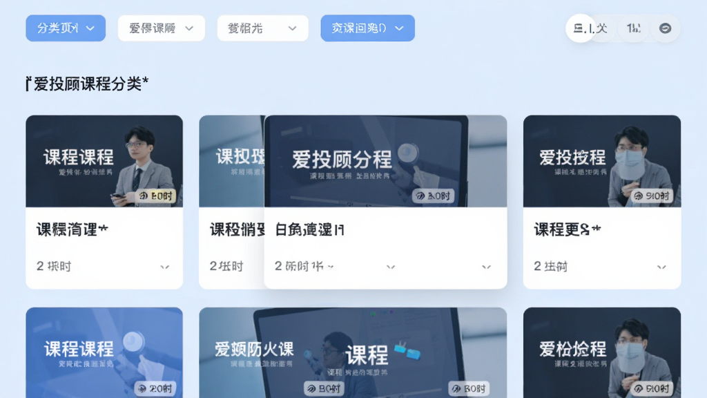 爱投顾课程分类页面截图风格,画面中显示多个课程卡片整齐排列,卡片上有课程名称和时长标签,背景为柔和的浅蓝色,顶部有分类筛选按钮,整体排版简洁有序,风格现代扁平化,画质干净清晰
