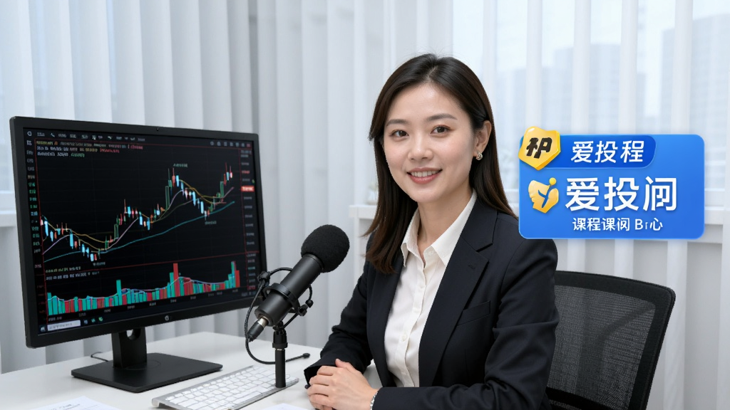 一位穿着职业装的投顾老师坐在明亮的直播间里,面前有麦克风和电脑屏幕,屏幕上显示着股票K线图,画面右侧有爱投顾的课程标题浮层,整体氛围专业且亲切,布局为横向构图,风格写实,细节丰富,画质清晰干净