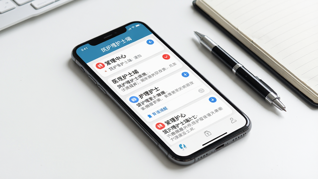 一部手机屏幕显示筑护理护士端的消息通知中心,界面中有多条医嘱提醒卡片,带有红色紧急标识和蓝色普通标识;手机斜放在白色桌面上,旁边有一支笔和笔记本;布局为对角线构图,风格为医疗办公风;细节上屏幕顶部有“筑护理护士端”名称,通知内容清晰;画质高清,干净,无多余元素