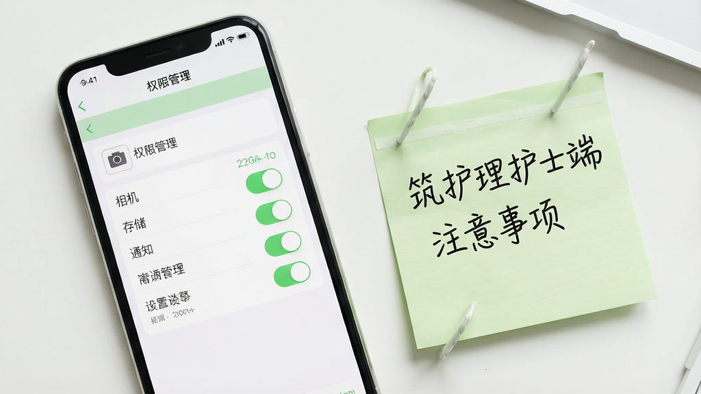 一张展示筑护理护士端安装设置界面的图片,手机屏幕显示权限管理页面,包含相机、存储、通知等权限开关;画面中手机旁边放置一张手写便签,上面写着“筑护理护士端”注意事项;布局为桌面平铺视角;风格为清新实用风,色调以白色和浅绿色为主;细节上屏幕文字清晰,便签内容可辨;画质高清,干净,无多余元素