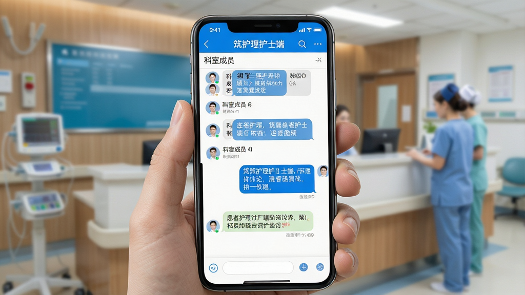 一张展示筑护理护士端团队协作界面的图片,手机屏幕显示科室成员列表和聊天对话窗口,对话中包含患者护理讨论内容;画面采用手持手机的角度,背景为医院护士站;排版为竖向列表布局;风格为现代通讯工具风,配色以蓝白为主;细节上屏幕顶部显示“筑护理护士端”和科室名称;画质高清,干净,无多余元素