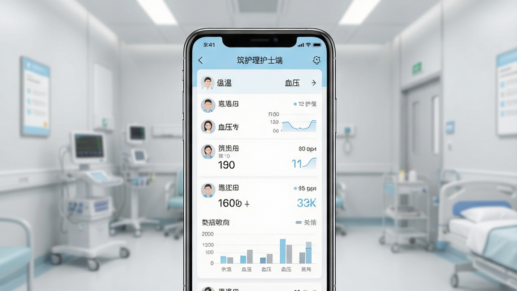 一张展示筑护理护士端患者管理界面的图片,手机屏幕显示患者列表和详细护理记录页面,包含体温、血压等数据图表;画面采用手机正面视角,背景为浅灰色医疗环境;排版清晰,信息层级分明;风格为现代简约医疗风,配色以白色、浅蓝和灰色为主;细节上屏幕顶部显示“筑护理护士端”字样,数据图表清晰;画质高清,干净,无多余元素