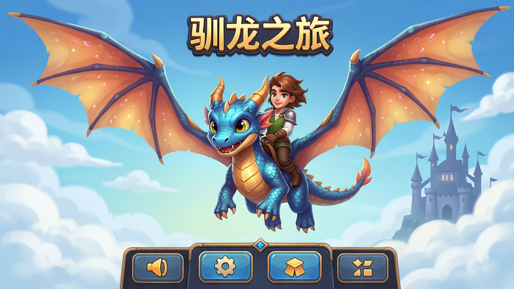 驯龙之旅手游主界面全景展示,主体为一只展翅飞翔的幼龙与骑乘驯龙师,布局采用中心对称构图,上方为游戏标题“驯龙之旅”,下方为功能按钮区域,排版清晰层次分明,风格为清新卡通奇幻风,细节包括龙鳞光泽、云朵飘浮、远处城堡剪影,画质高清,画面干净,无多余元素