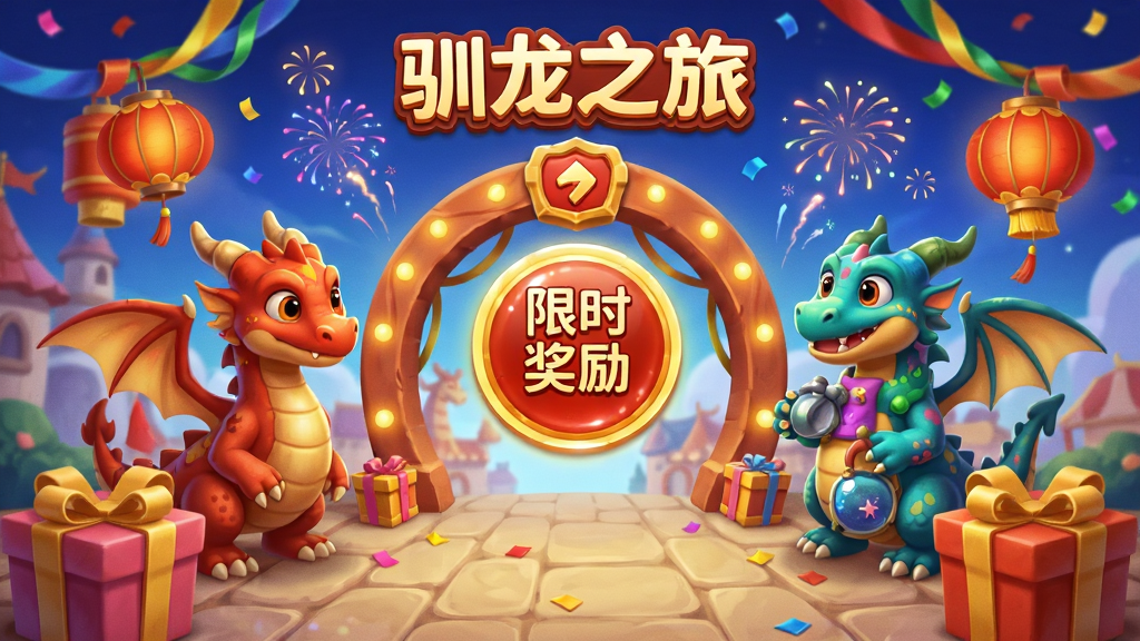 驯龙之旅活动界面,主体为节日庆典场景与多只装饰龙族,布局采用环形活动入口,排版突出限时奖励图标,风格为喜庆卡通,细节包括彩带、灯笼、礼盒、烟花,画质高清,画面干净,无多余元素