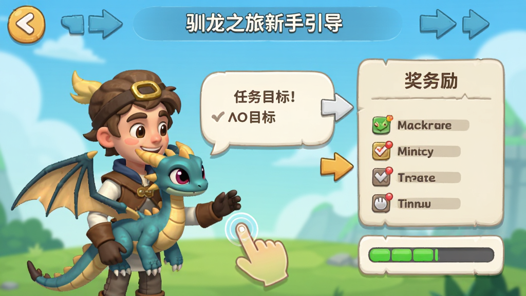 驯龙之旅新手引导界面,主体为驯龙师与幼龙对话,布局采用对话框与箭头指引,排版展示任务目标与奖励,风格为清新卡通,细节包括手指点击特效、任务清单、进度条,画质高清,画面干净,无多余元素