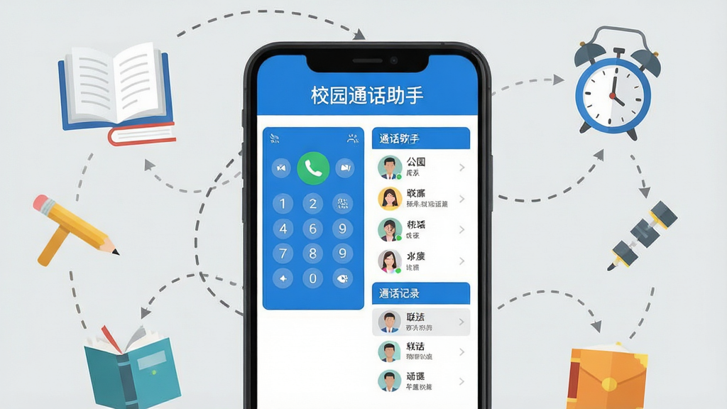 校园通话助手软件主界面截图,画面中央展示一部智能手机,屏幕上显示校园通话助手APP的首页,包含拨号盘、联系人列表和通话记录三个主要模块,界面采用蓝白配色,简洁清新,顶部有“校园通话助手”文字标识,手机周围环绕着校园元素如书本、铅笔、闹钟等图标,整体风格扁平化设计,背景为浅灰色,画质清晰,干净无多余元素