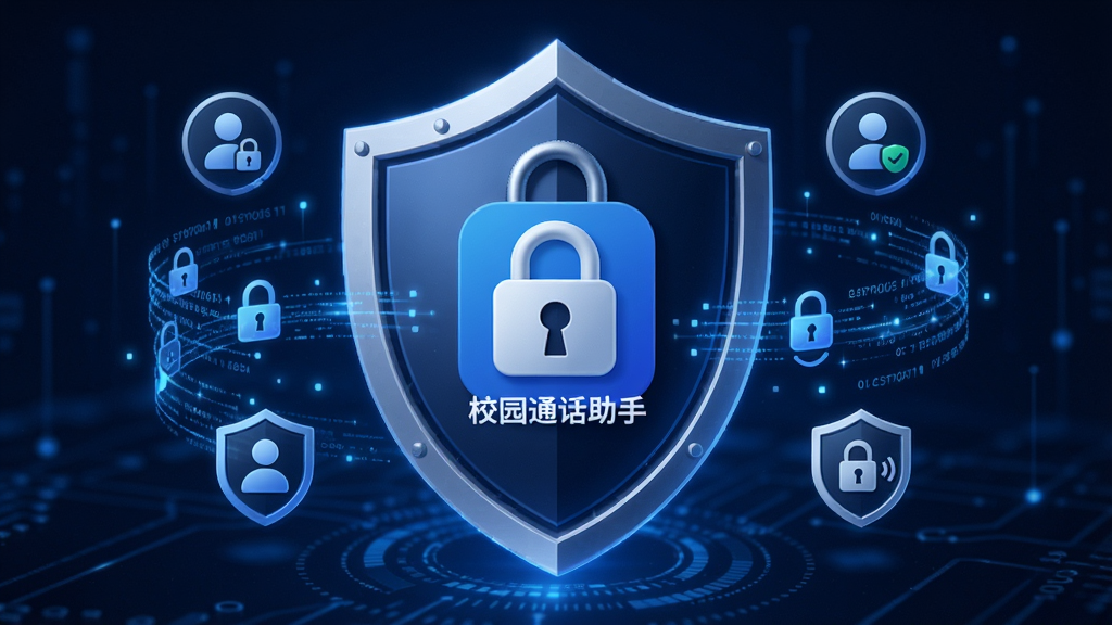 校园通话助手安全隐私保护功能展示图,画面以盾牌和锁为核心元素,盾牌中央显示校园通话助手图标,周围环绕着加密的数据流线条和用户隐私保护标识,背景为深蓝色科技感风格,画面简洁大气,突出安全可靠的主题,画质高清,无多余杂乱元素