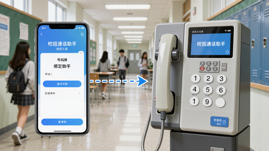 校园通话助手使用教程示意图,画面展示一部手机和一台校园公共电话终端并排摆放,手机屏幕上显示校园通话助手APP的号码绑定页面,电话终端上显示拨号界面,两者之间用虚线箭头连接表示绑定关系,背景为教室走廊场景,风格写实清新,画质清晰,突出操作流程的直观性