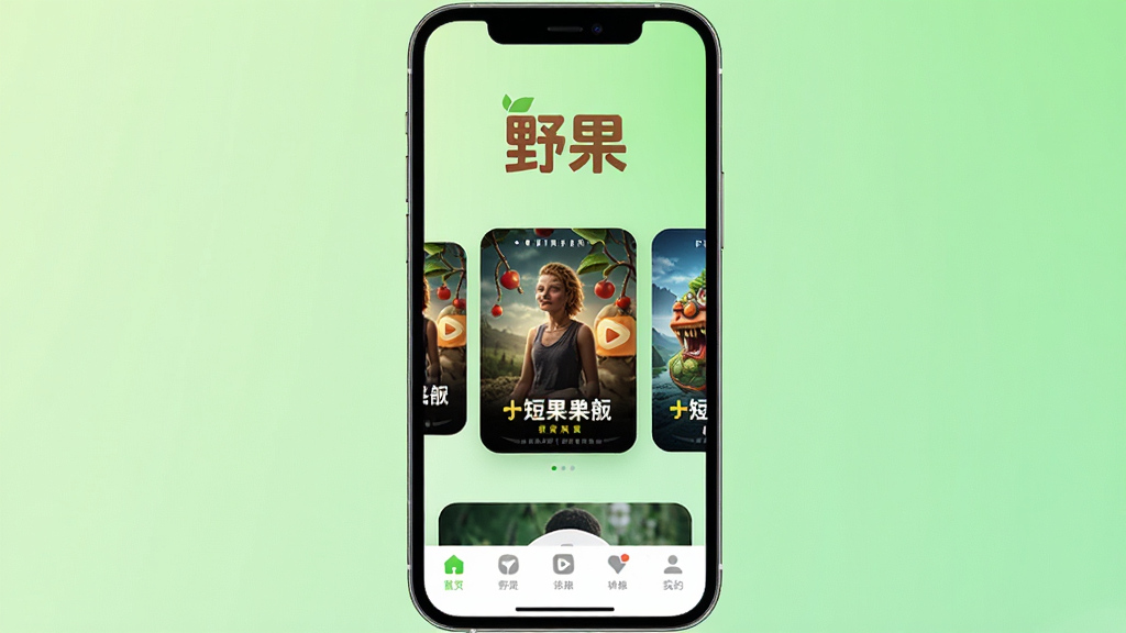 一张展示手机屏幕的图片,屏幕中显示野果APP的主界面,界面顶部有野果文字标识,中间是短剧封面卡片横向排列,底部有导航栏,背景为浅绿色渐变,整体风格清新简洁,画质清晰干净,无多余元素